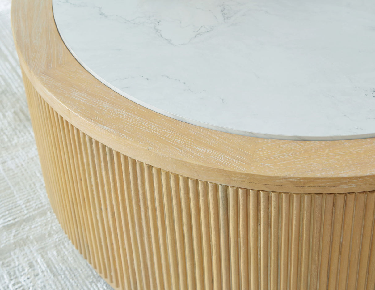 Camdill - Round Cocktail Table - Light Brown / White