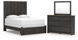 Fraluna - 3 Pc. - Queen Panel Storage Bed, Dresser And Mirror - Charcoal
