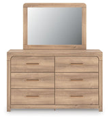 Kinlanni - 3 Pc. - Queen Upholstered Panel Bed With Roll Slats, Dresser And Mirror - Tan