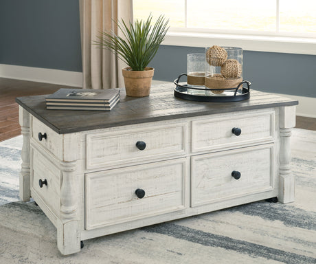 Havalance - Lift Top Cocktail Table with Storage Drawers - White / Gray