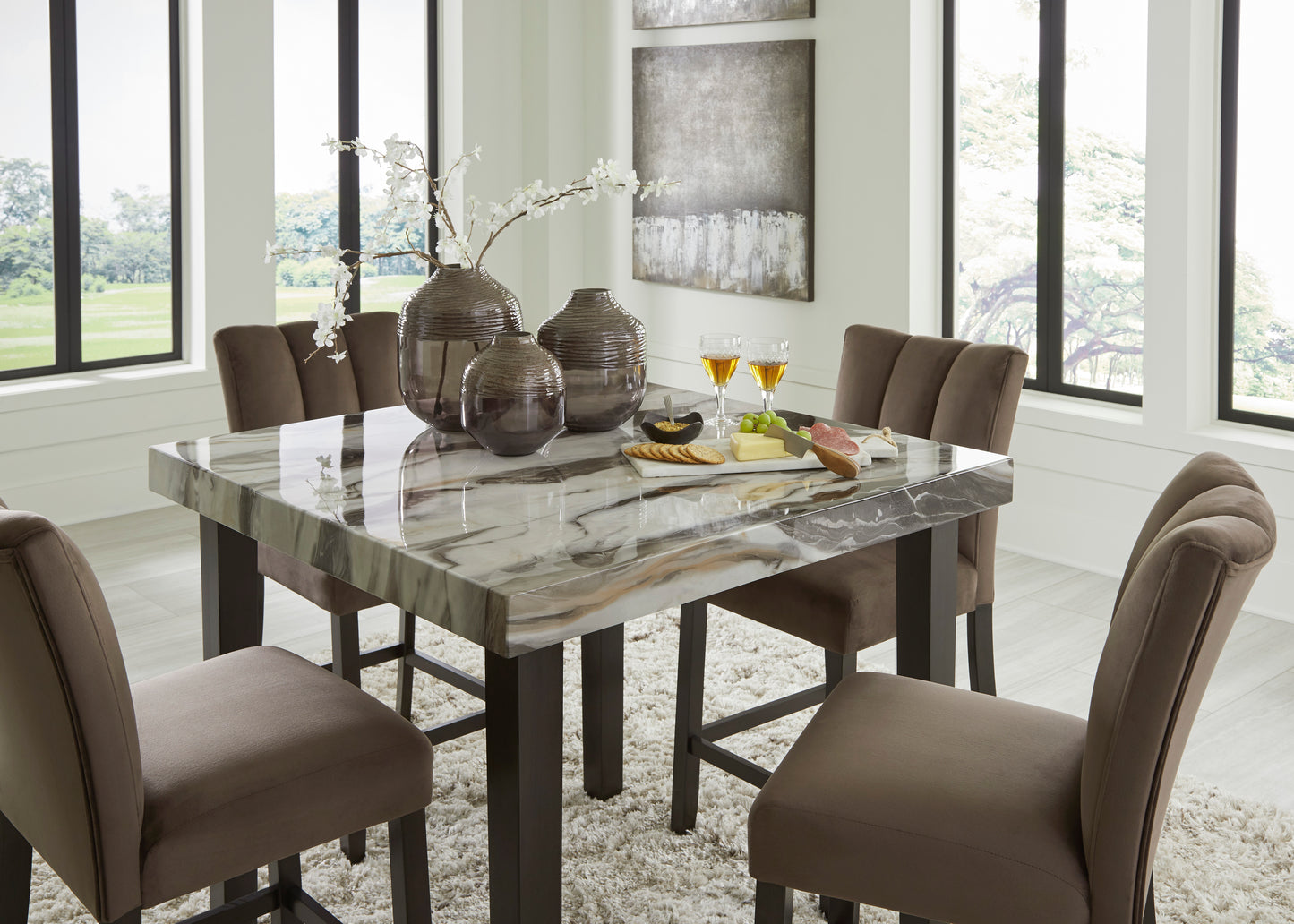 Jeshina Faux Marble Counter Height 5pc Set - Brown